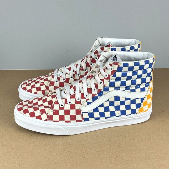 Vans Sk8 Hi Checkerboard Sneakers Mens 13 Red Blue Yellow High Top Lace Up - Picture 1 of 11
